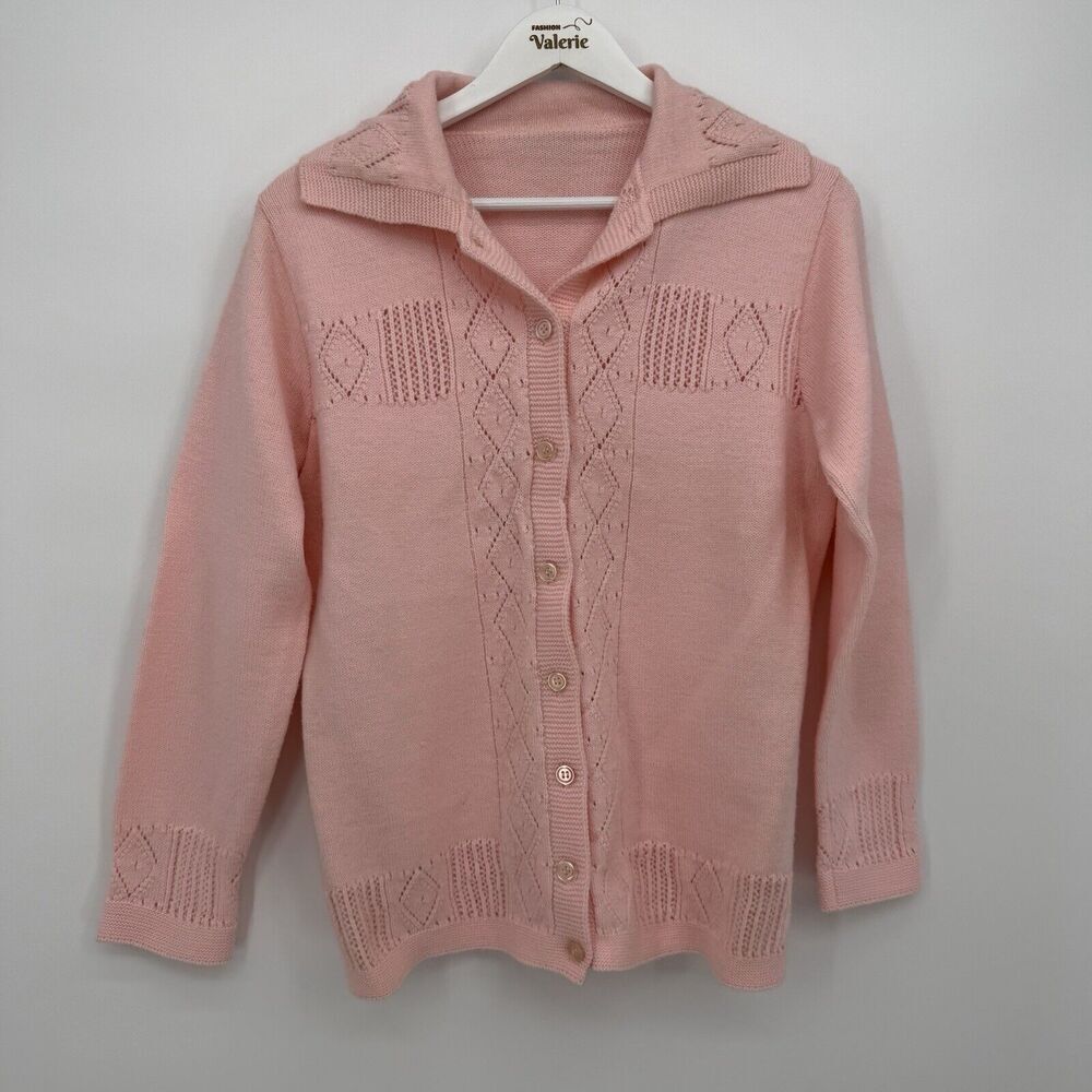 Unbranded Vintage Pink Acrylic Cardigan Sweater Wide Collar Coquette S-M